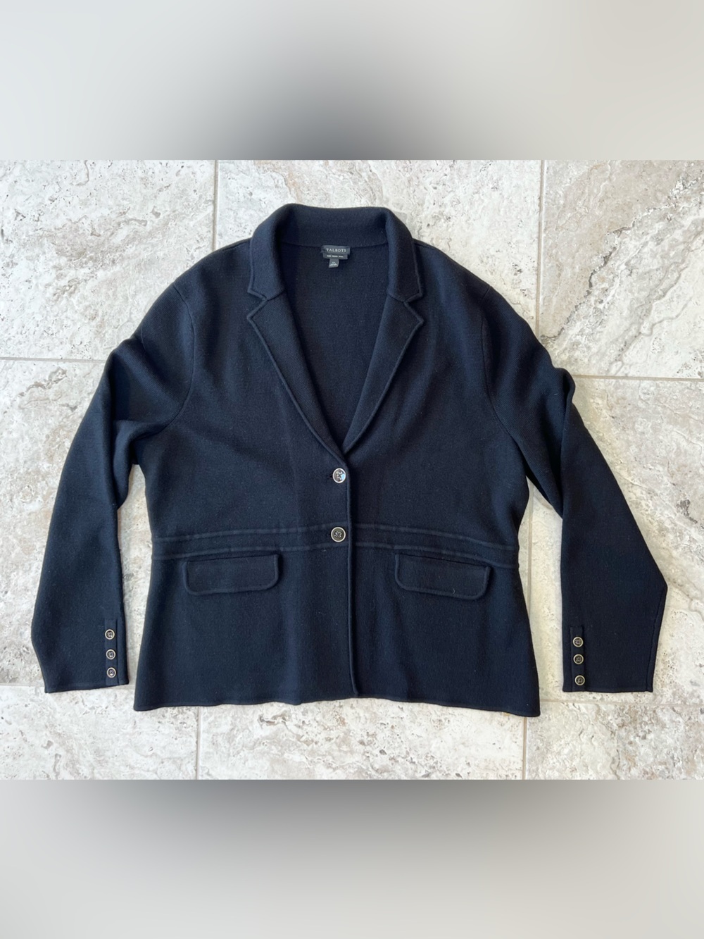 Talbots Pure Merino Wool 2 Button Sweater Cardigan Blazer Pockets Black, size XL